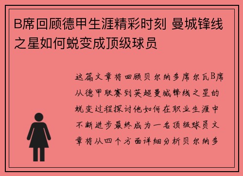 B席回顾德甲生涯精彩时刻 曼城锋线之星如何蜕变成顶级球员